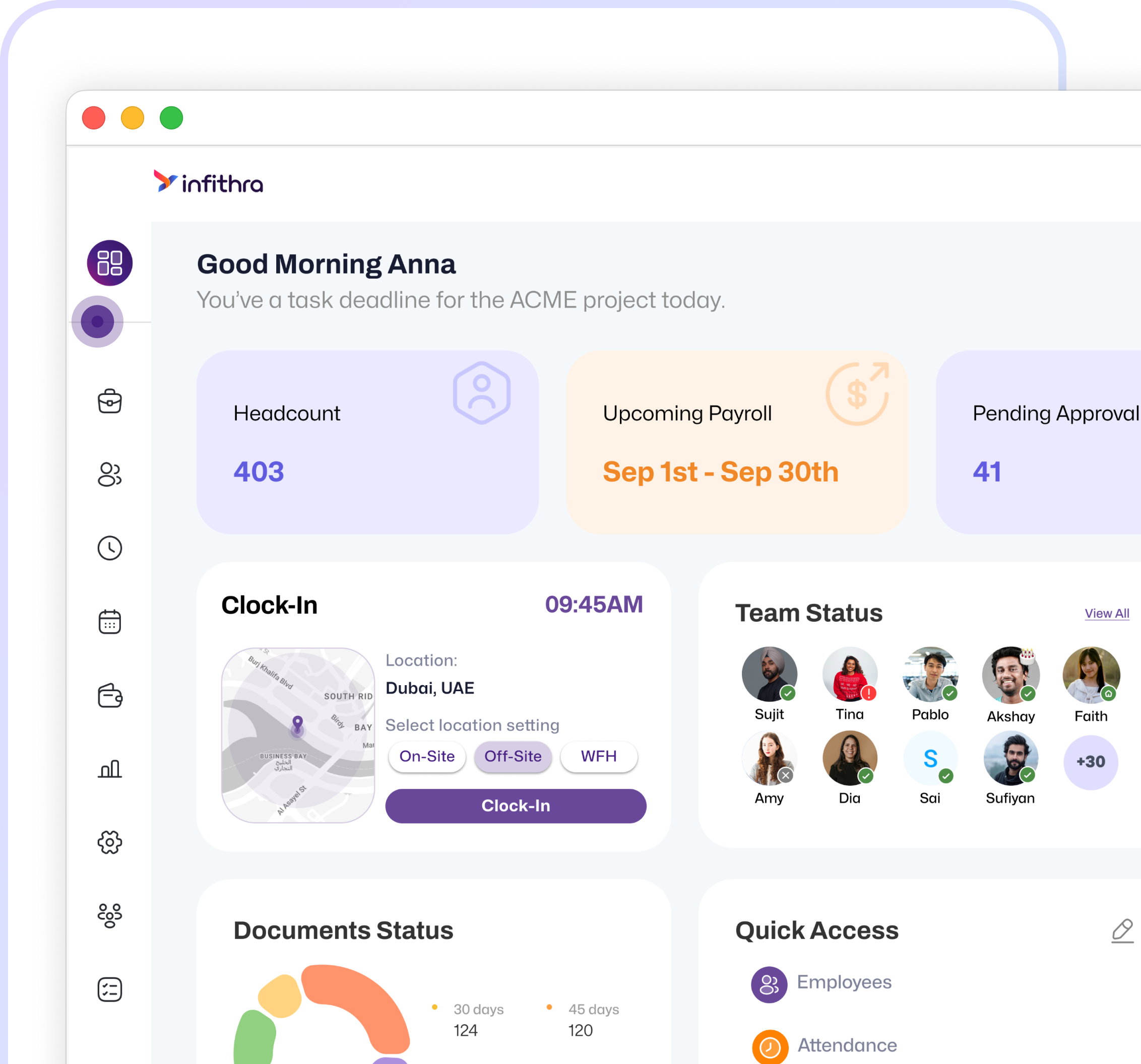 A dashboard of infithra's Core HR module for organisation management